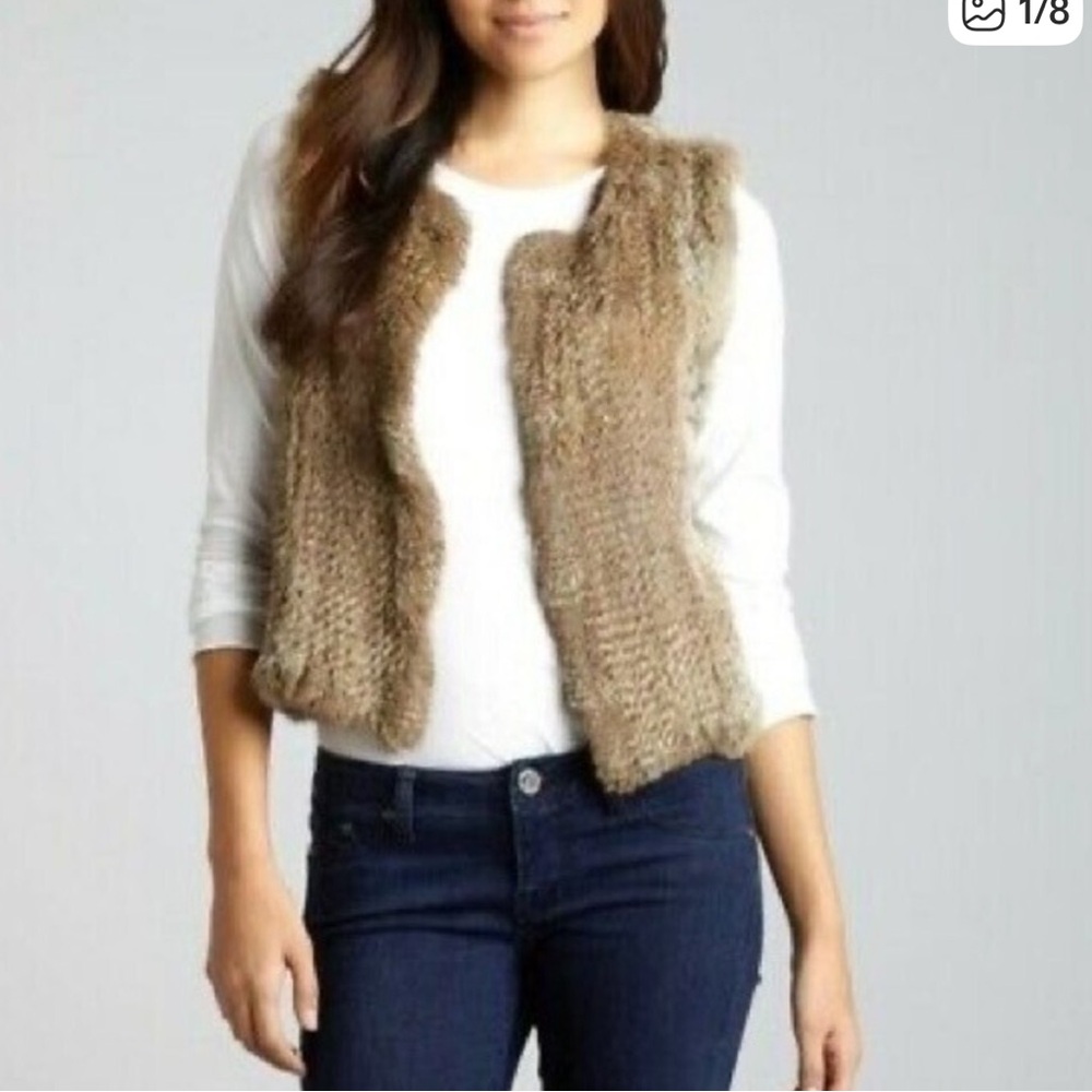 525 America Luxe genuine natural brown open front knit Rabbit fur vest